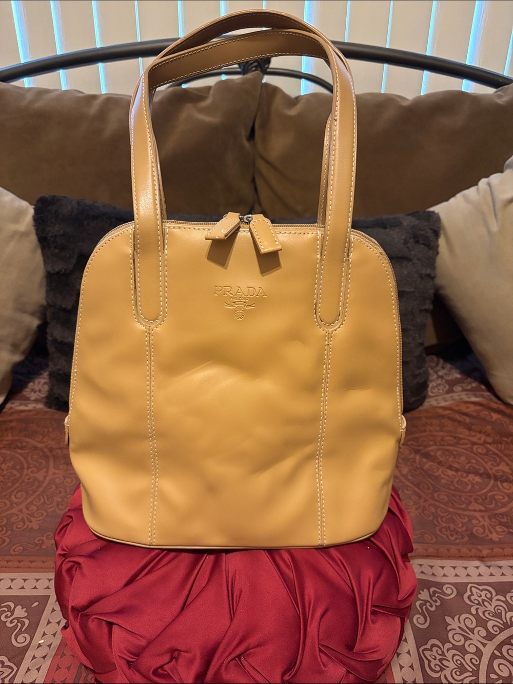 Tan Leather Shoulder Tote with embossed logo at front